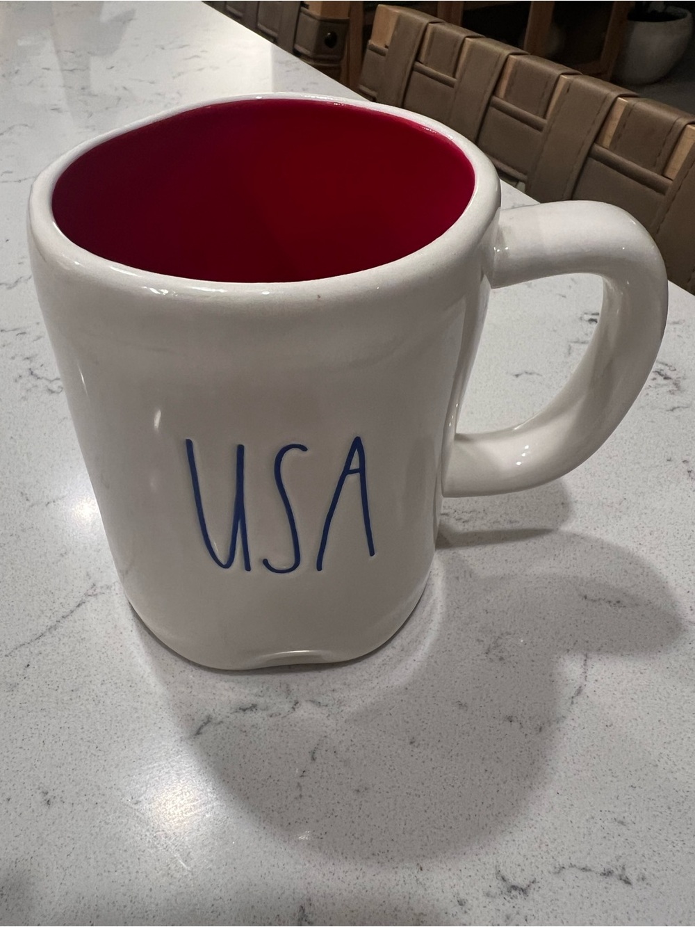 NWT Rae Dunn USA Ceramic Mug with Red Interior and Blue writing